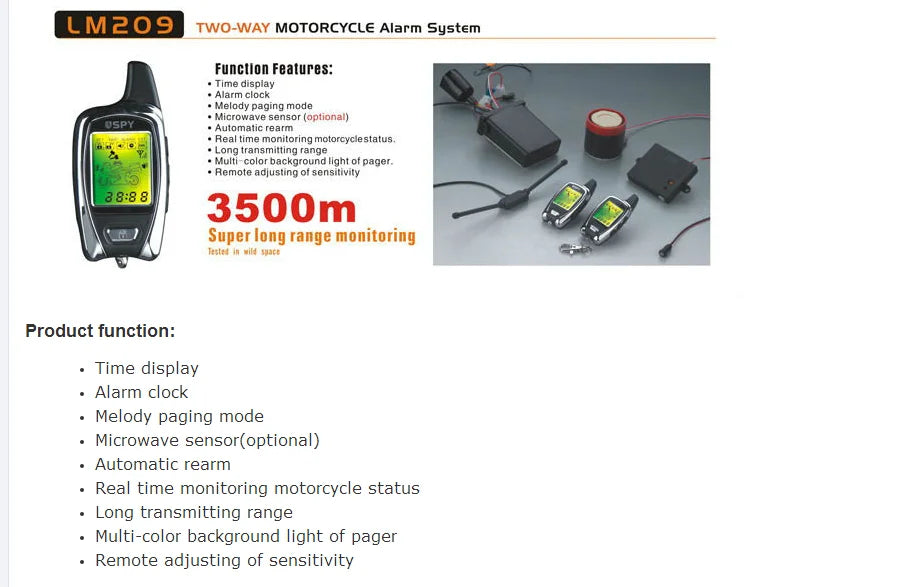 SPY 2-Way Motorcycle Alarm System with Remote Engine Start